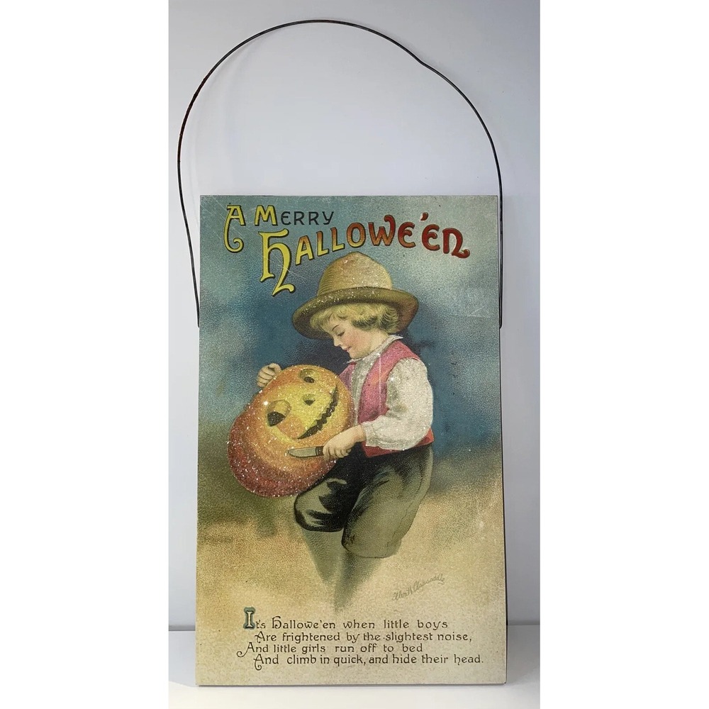 A Merry Halloween Jack O' Lantern Wood Wall Plaque w/ Metal Handle‎ Glittery AL7